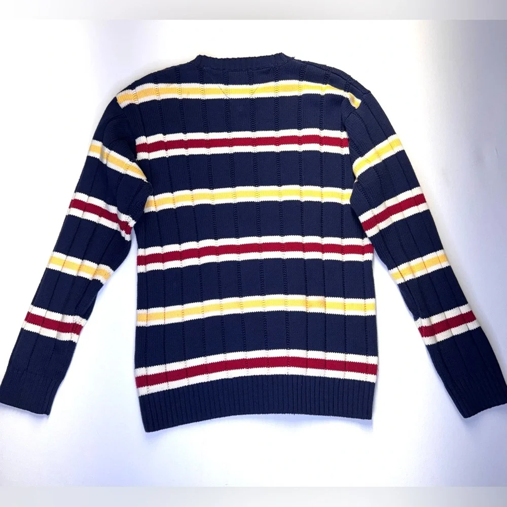 VTG Tommy Hilfiger Cable Knit navy Sweater mens sz Large 90s Y2K‎ striped rugby